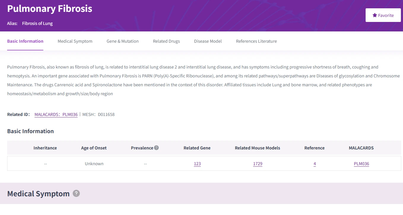 RDDC pulmonary fibrosis disease page screenshot